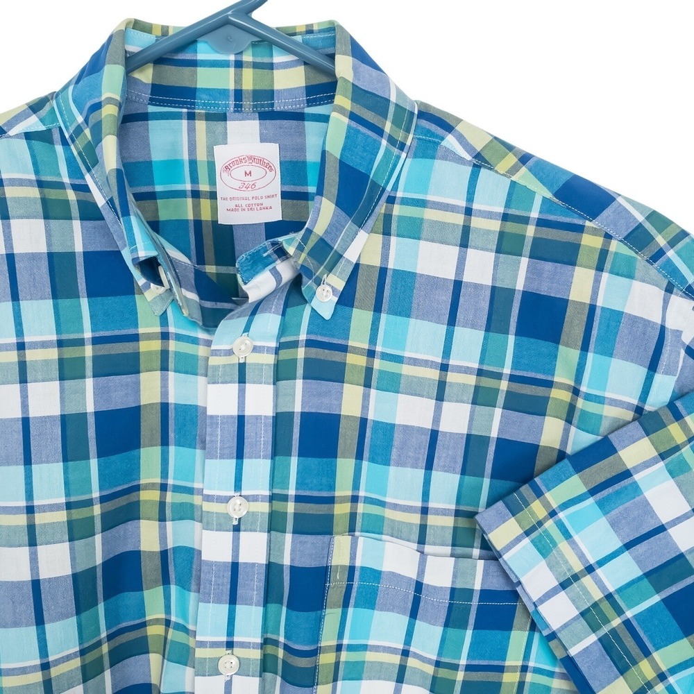 Brooks Brothers 346 Shirt Mens Medium Blue Green Plaid Short Sleeve Cotton